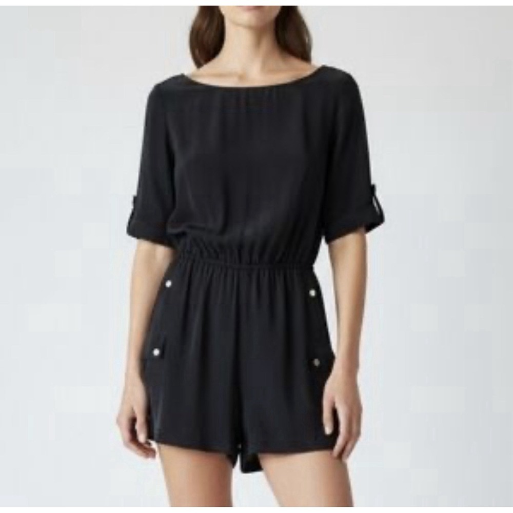 RAG & BONE 100% Silk Romper Size 4 Black Cuffed Capsule Minimalist‎ Short Sleeve